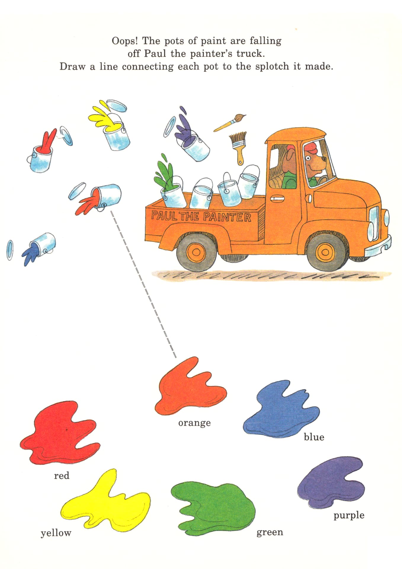 Worksheet page with paint pots falling off Paul the painter's truck, matched to red, orange, yellow, green, blue and purple splotches