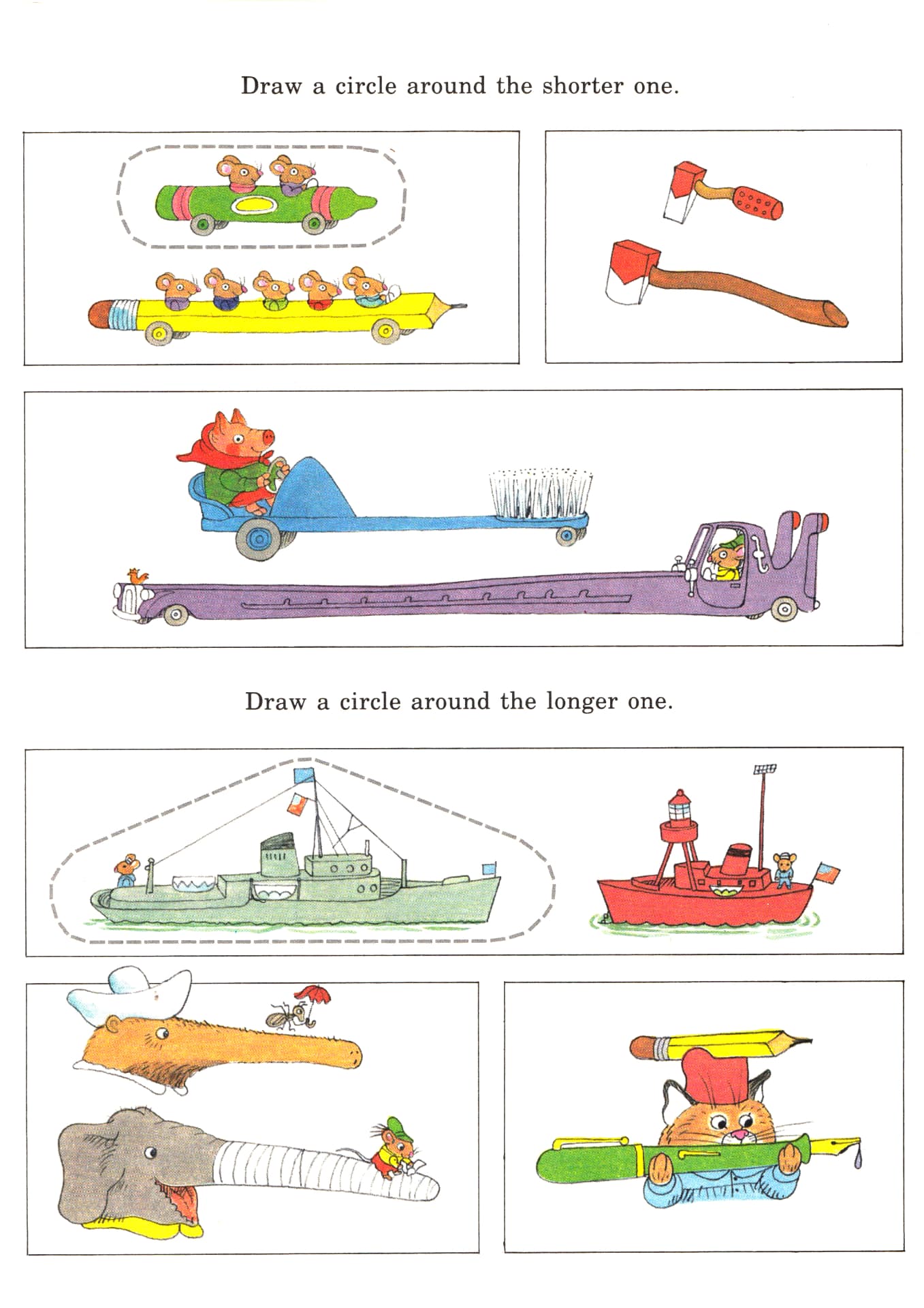 Worksheet page asking children to draw a circle around the longer one and the shorter one