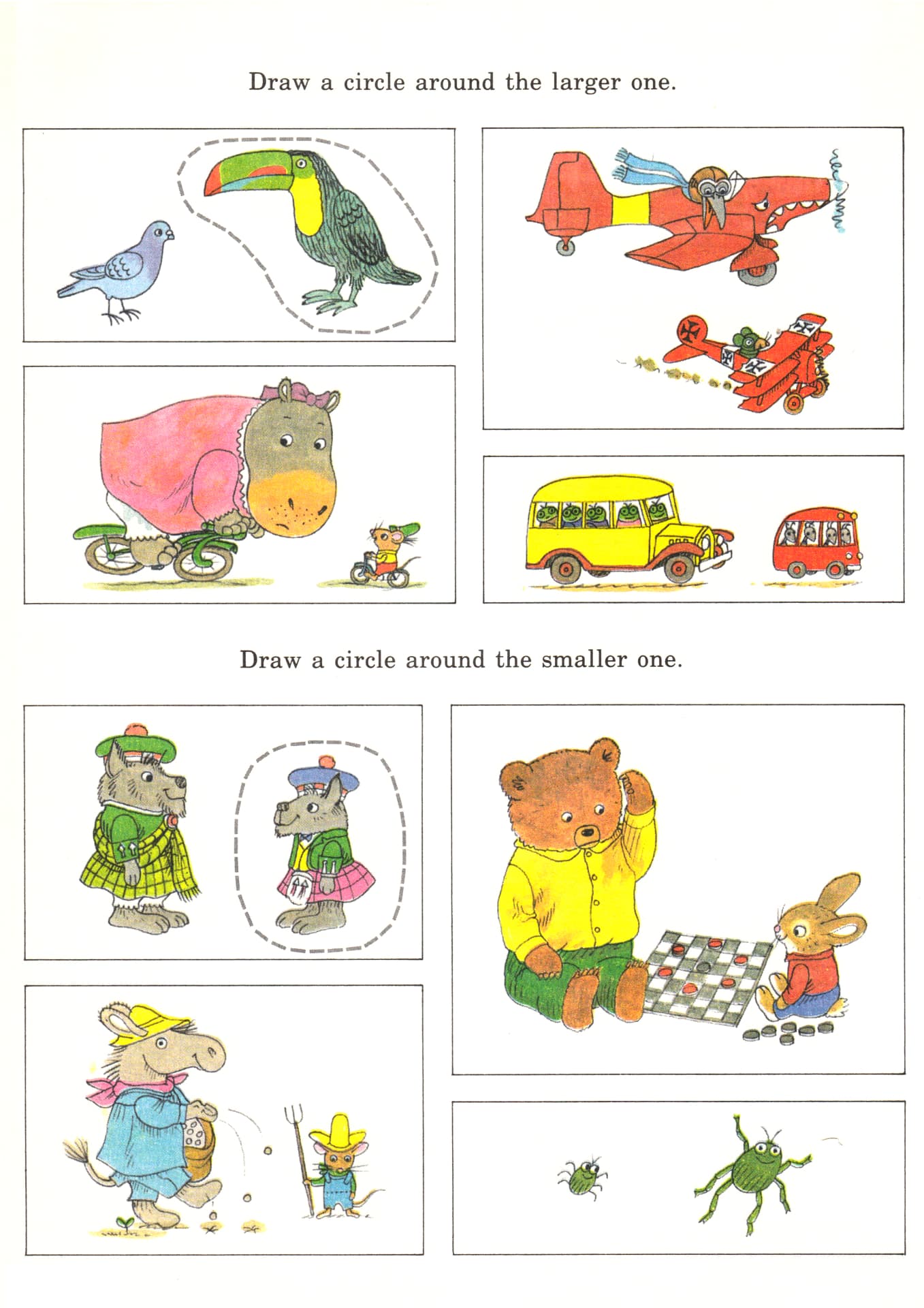 Worksheet page asking children to draw a circle around the larger one and the smaller one